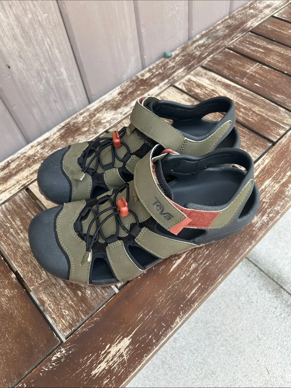 Teva Mens Olive Green and Black Outdoor Sandals with Orange Accents size 8